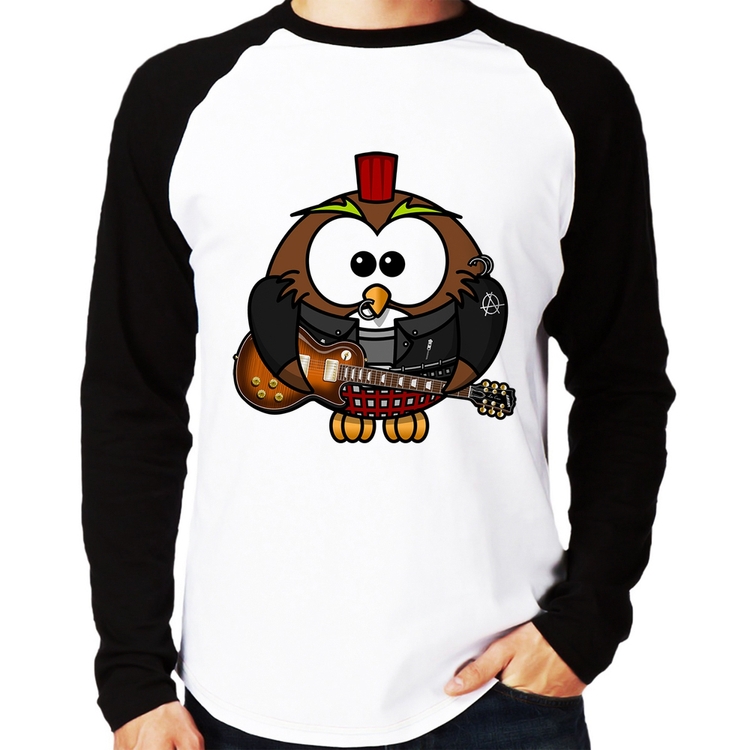 Camiseta Raglan Coruja Rock Guitarra Manga Longa
