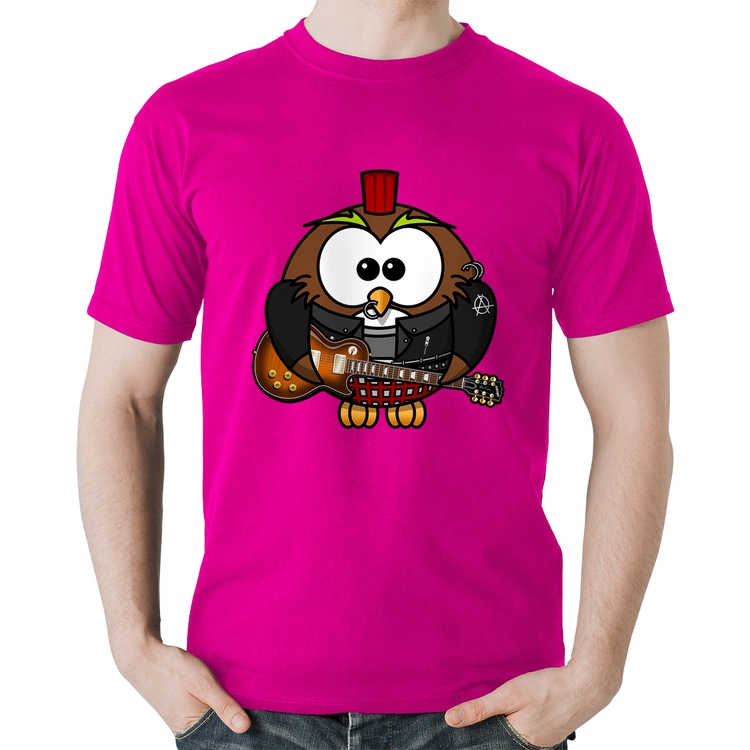 Camiseta Algodão Coruja Rock Guitarra - Rosa