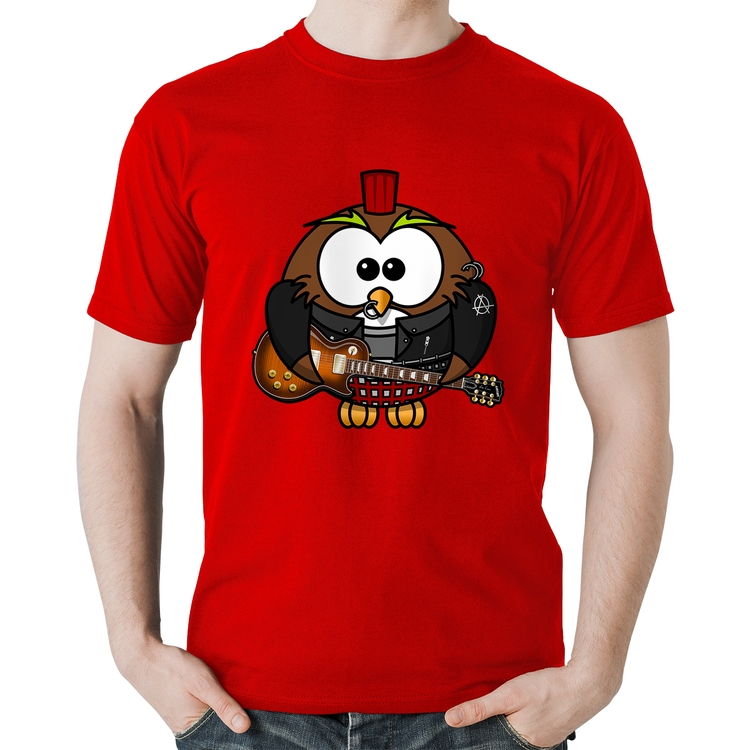 Camiseta Algodão Coruja Rock Guitarra - Vermelha