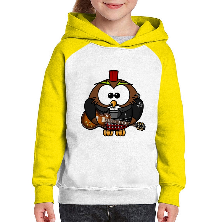 Moletom Infantil Coruja Rock Guitarra - Branco/Amarelo