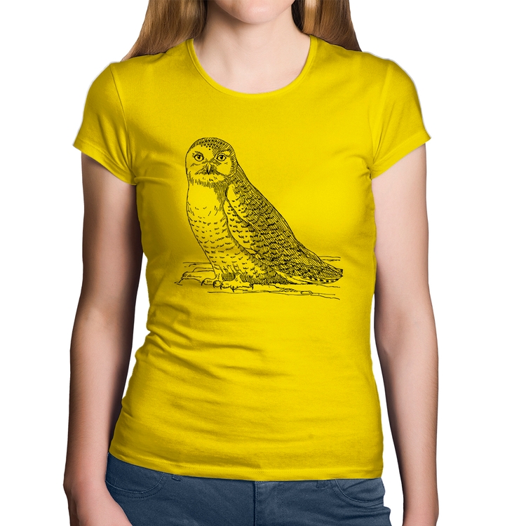 Baby Look Algodão Coruja Traços - Amarela