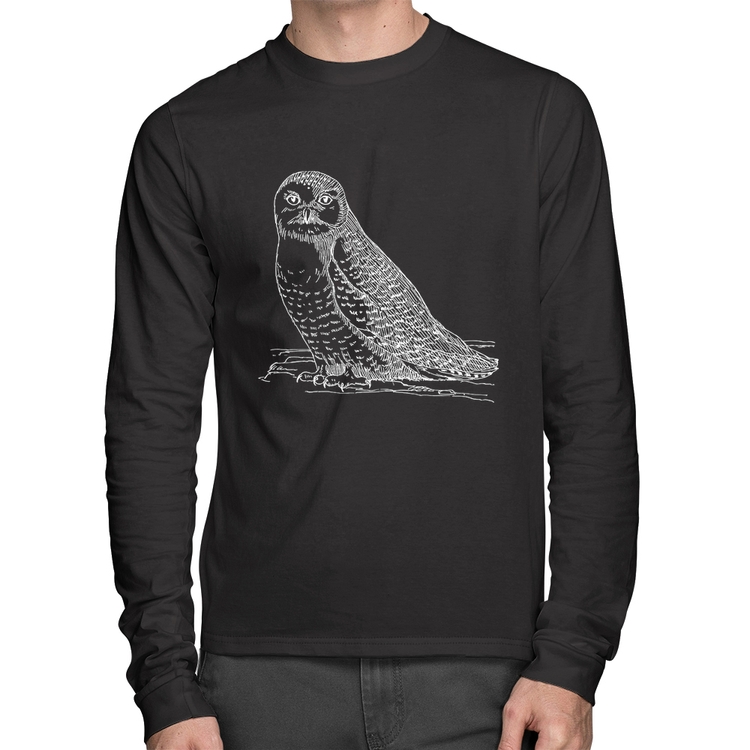 Camiseta Algodão Coruja Traços Manga Longa