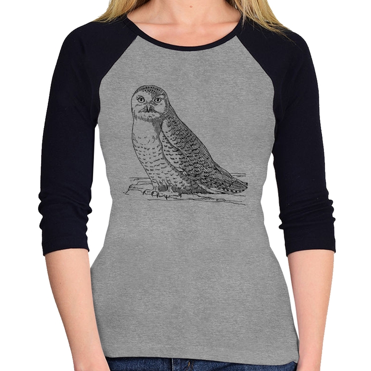 Baby Look Raglan Coruja Traços Manga 3/4 - Cinza/Preto