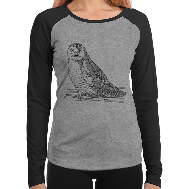 Baby Look Raglan Coruja Traços Manga Longa - Cinza/Preto