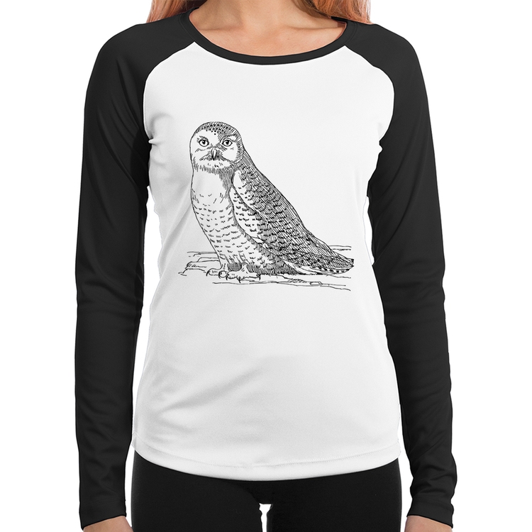 Baby Look Raglan Coruja Traços Manga Longa