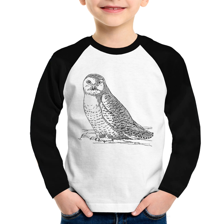 Camiseta Raglan Infantil Coruja Traços Manga Longa