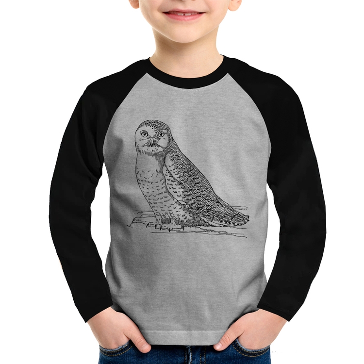 Camiseta Raglan Infantil Coruja Traços Manga Longa - Cinza/Preto