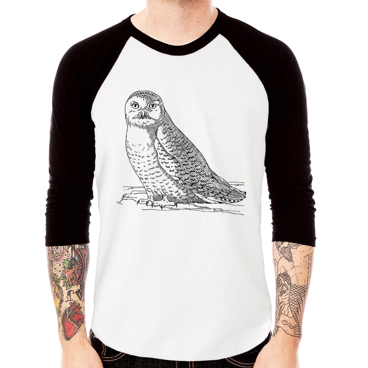 Camiseta Raglan Coruja Traços Manga 3/4