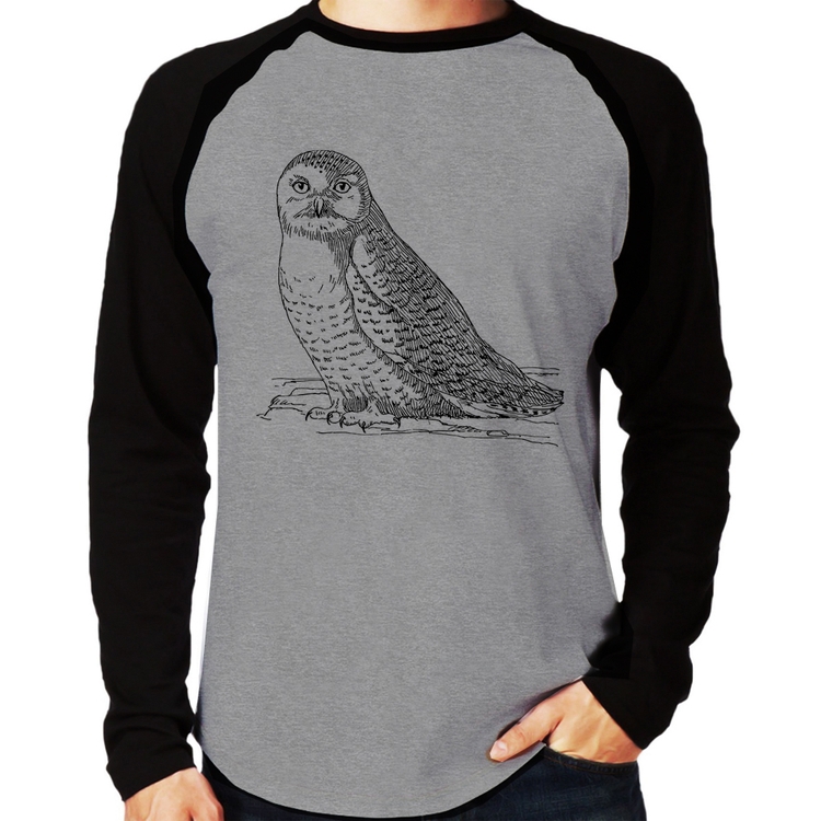 Camiseta Raglan Coruja Traços Manga Longa - Cinza/Preto