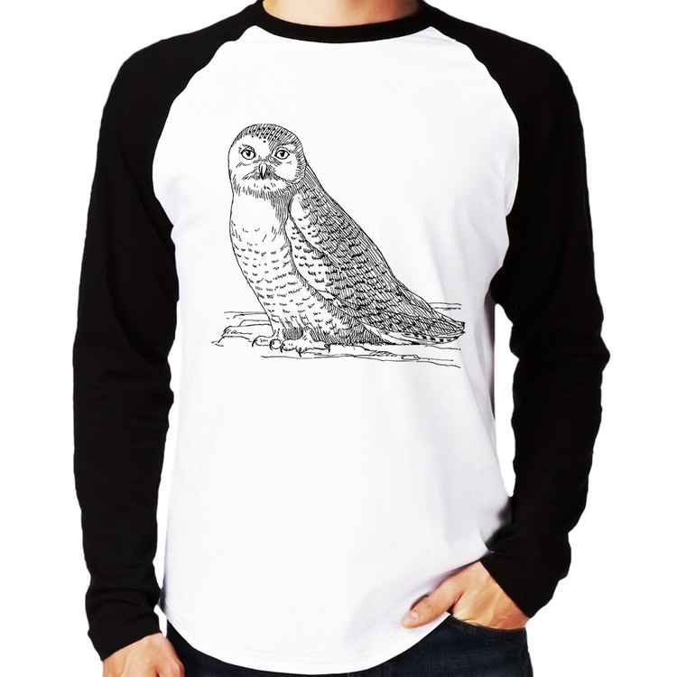 Camiseta Raglan Coruja Traços Manga Longa