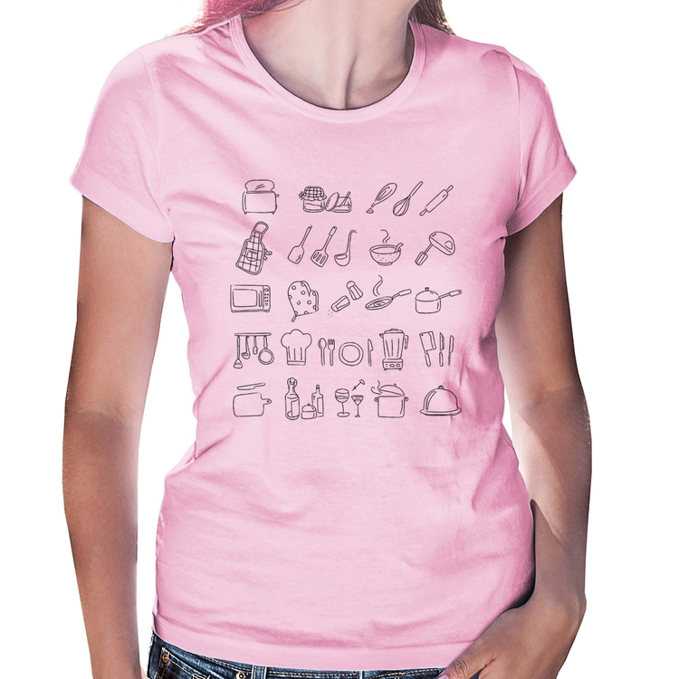 Baby Look Cozinha Elementos - Rosa Bebê