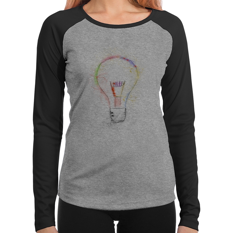 Baby Look Raglan Creative Bulb Manga Longa - Cinza/Preto