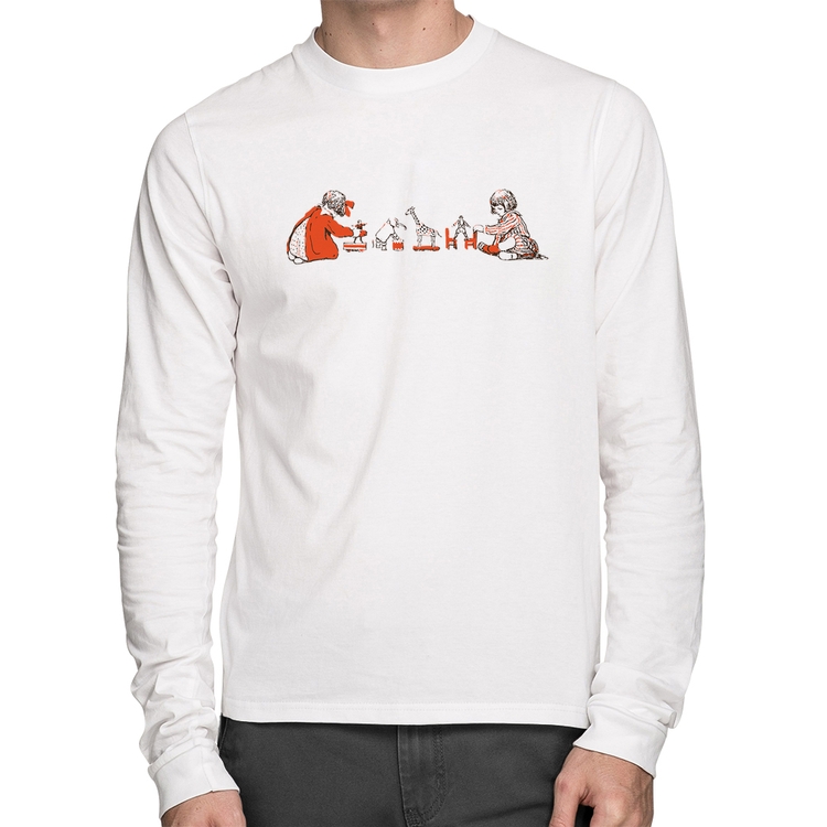 Camiseta Algodão Crianças Brincando Manga Longa - Branca