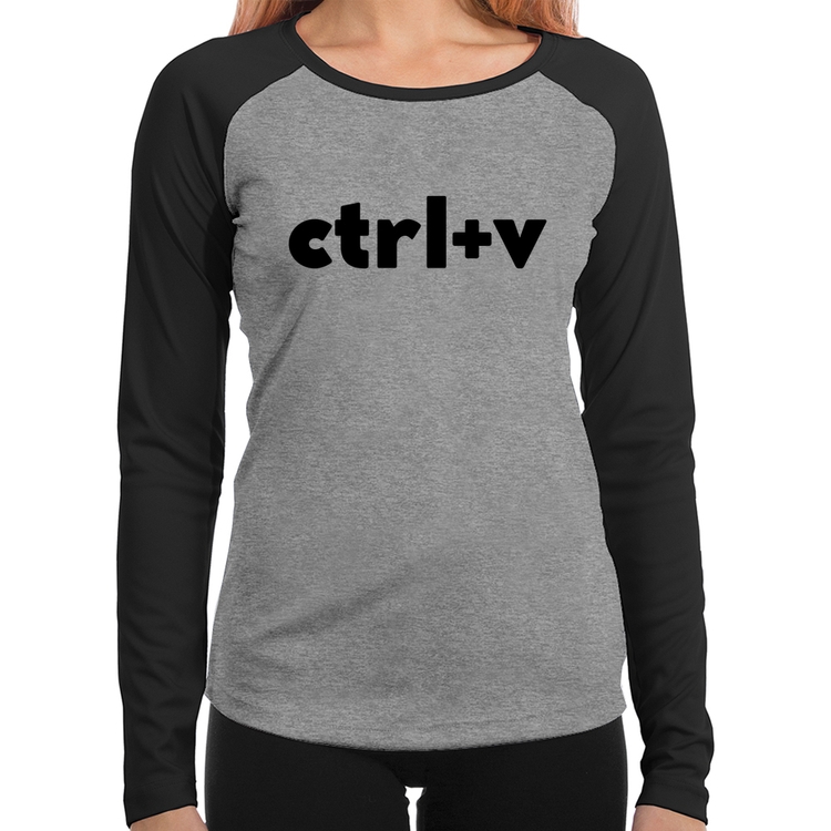 Baby Look Raglan Ctrl+V Manga Longa - Cinza/Preto