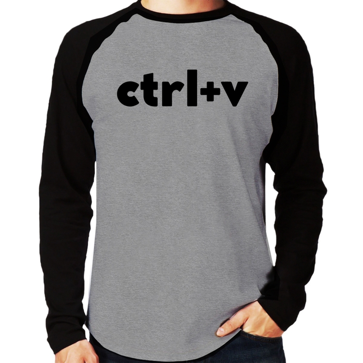Camiseta Raglan Ctrl+V Manga Longa - Cinza/Preto
