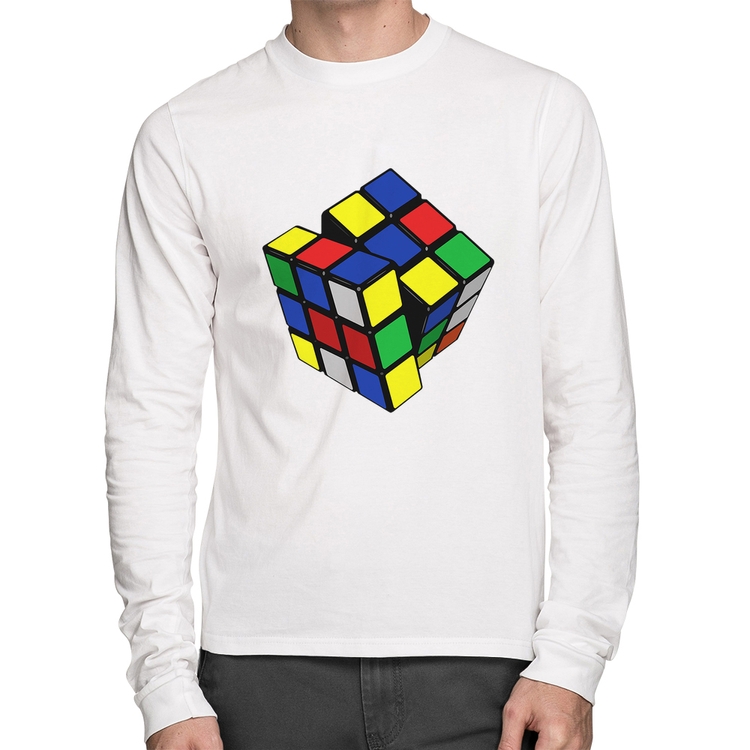 Camiseta Algodão Cubo Mágico Manga Longa - Branca