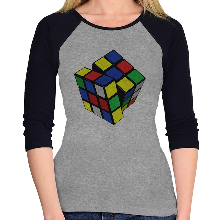 Baby Look Raglan Cubo Mágico Manga 3/4 - Cinza/Preto