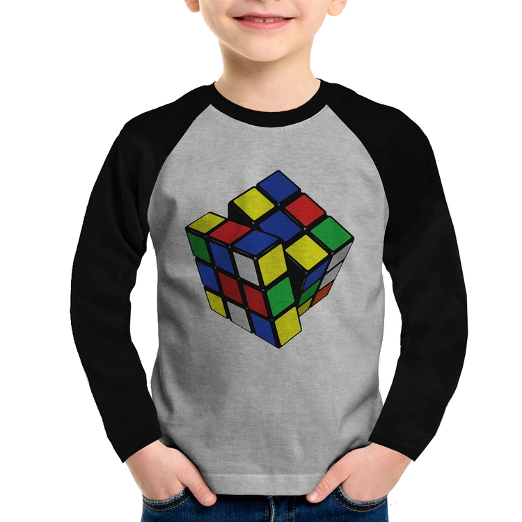 Camiseta Raglan Infantil Cubo Mágico Manga Longa - Cinza/Preto