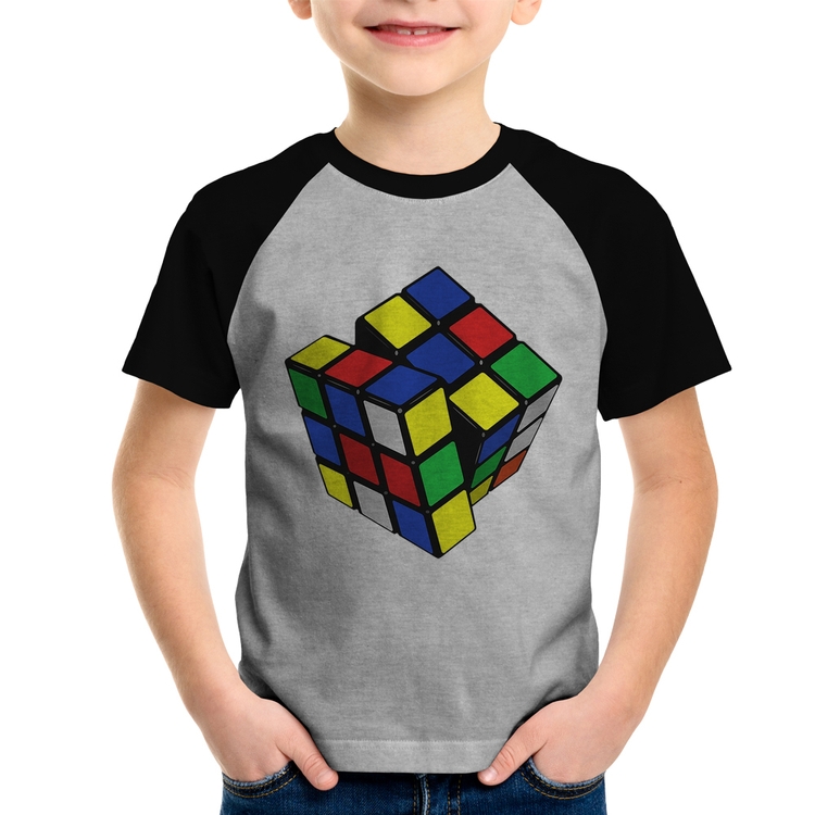 Camiseta Raglan Infantil Cubo Mágico - Cinza/Preto