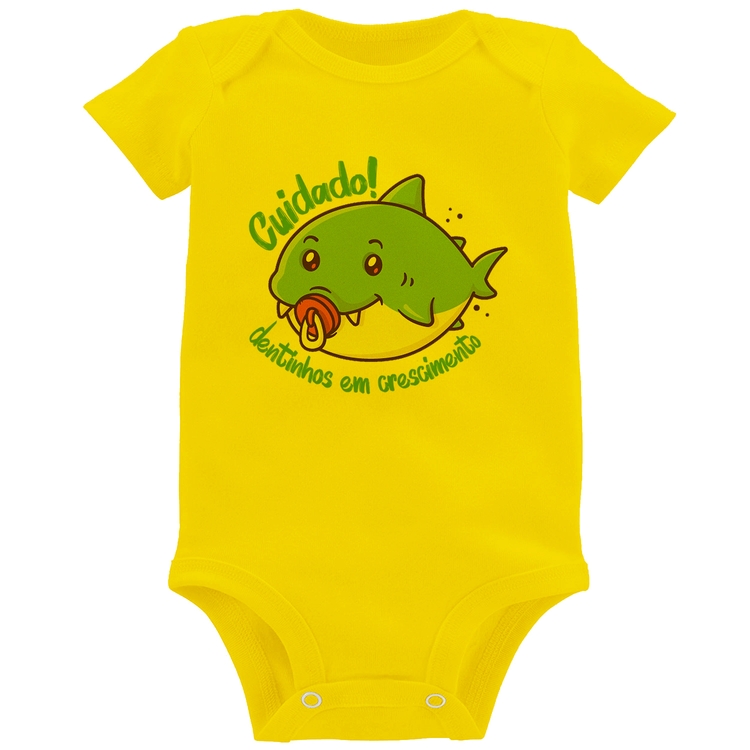 Body Bebê Cuidado! Dentinhos em crescimento (Azul) - Amarelo