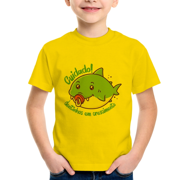 Camiseta Infantil Cuidado! Dentinhos em crescimento (Azul) - Amarela