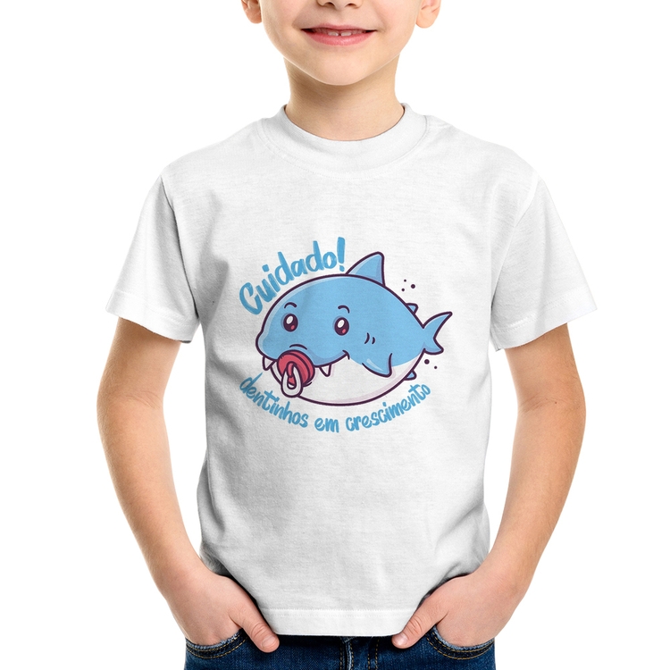 Camiseta Infantil Cuidado! Dentinhos em crescimento (Azul)