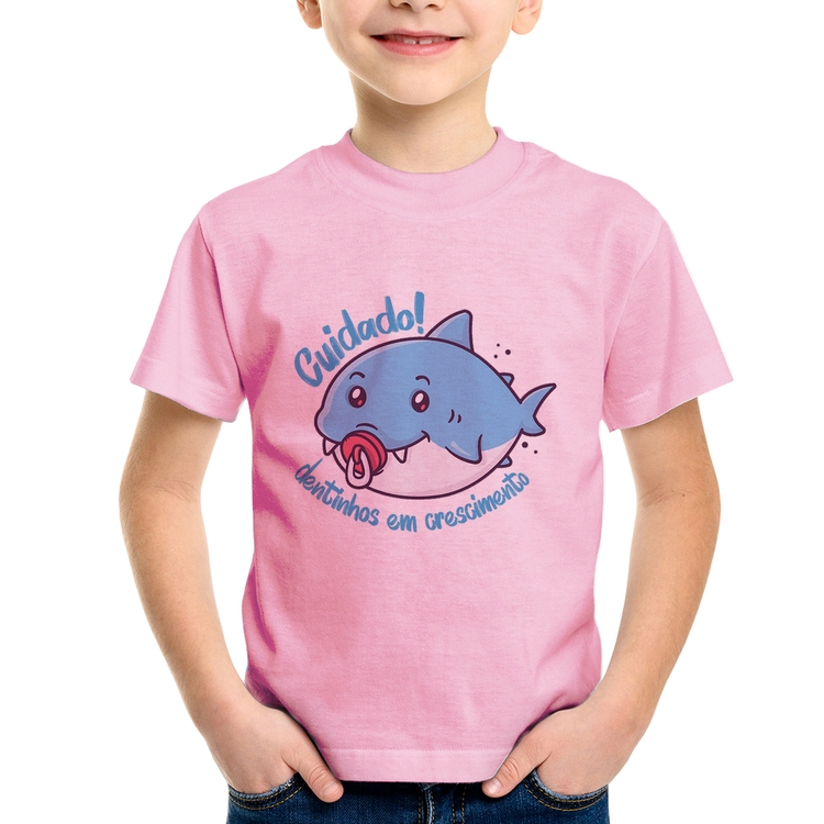 Camiseta Infantil Cuidado! Dentinhos em crescimento (Azul) - Rosa Bebê