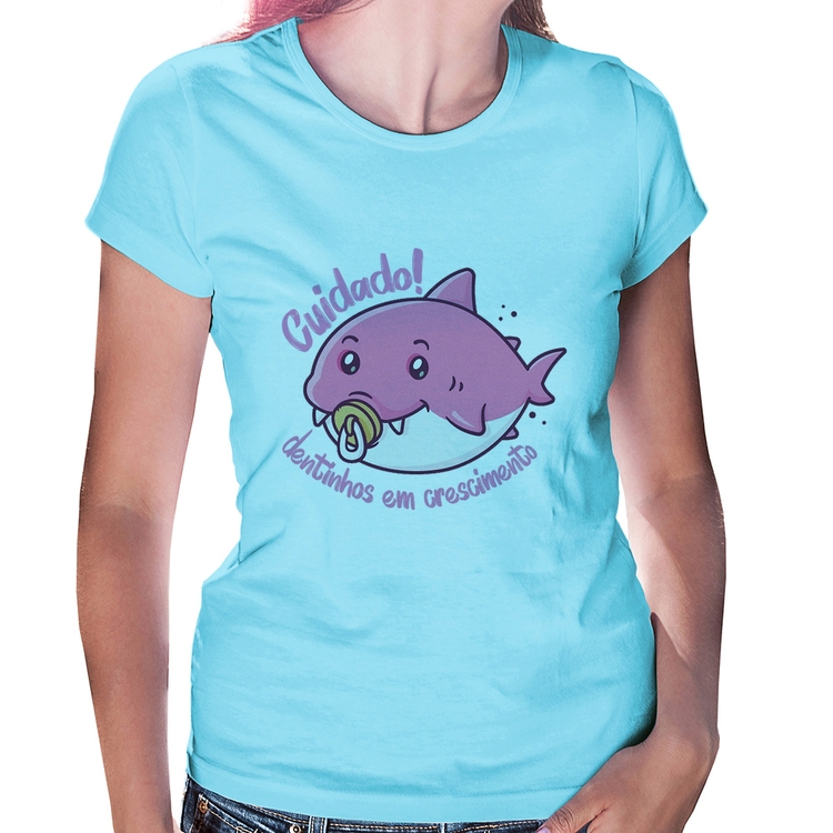 Baby Look Cuidado! Dentinhos em crescimento (Rosa) - Azul Bebê