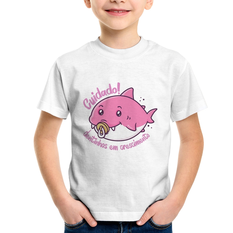 Camiseta Infantil Cuidado! Dentinhos em crescimento (Rosa)
