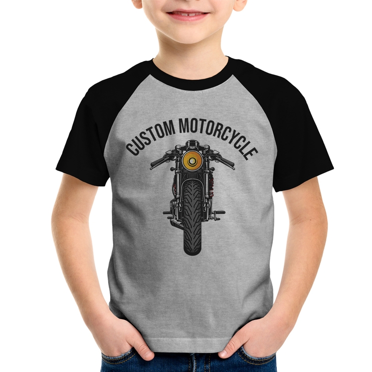 Camiseta Raglan Infantil Custom Motorcycle - Cinza/Preto