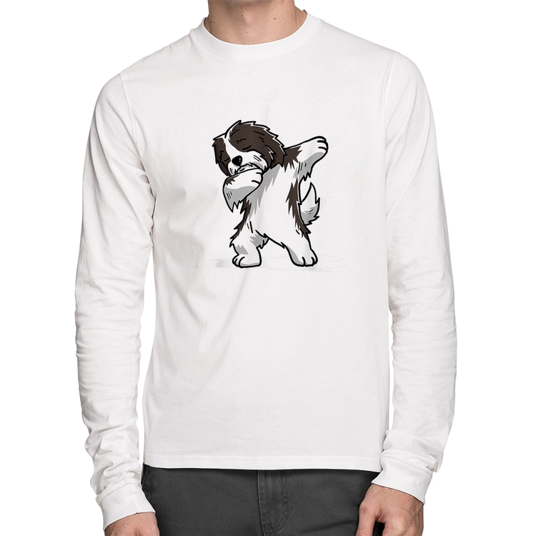 Camiseta Algodão Cute Dabbing Havanese Dog Manga Longa - Branca