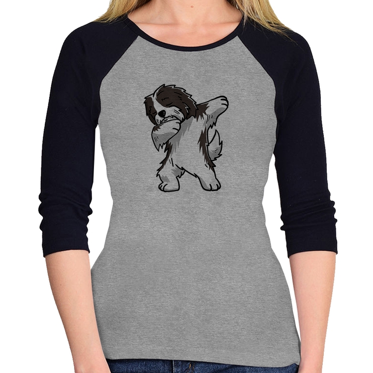 Baby Look Raglan Cute Dabbing Havanese Dog Manga 3/4 - Cinza/Preto