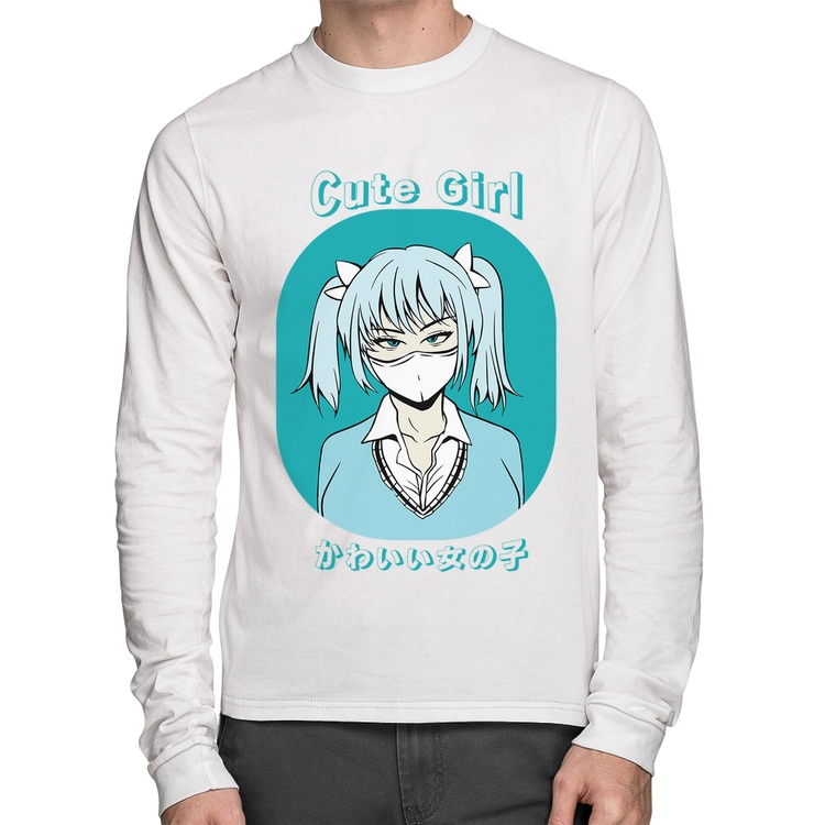 Camiseta Algodão Cute Girl Manga Longa - Branca