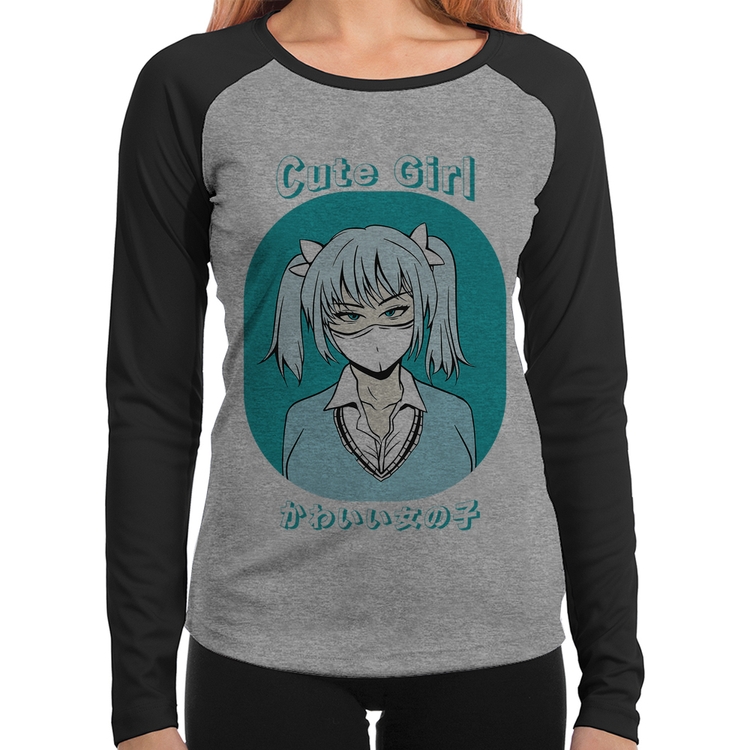 Baby Look Raglan Cute Girl Manga Longa - Cinza/Preto