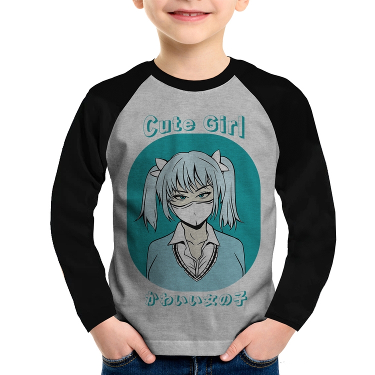 Camiseta Raglan Infantil Cute Girl Manga Longa - Cinza/Preto