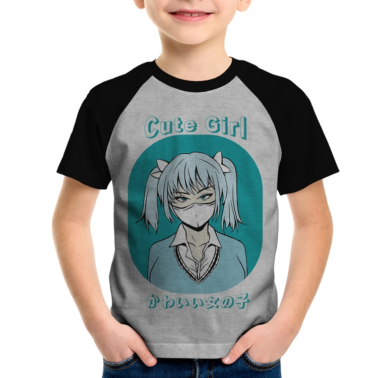 Camiseta Raglan Infantil Cute Girl - Cinza/Preto