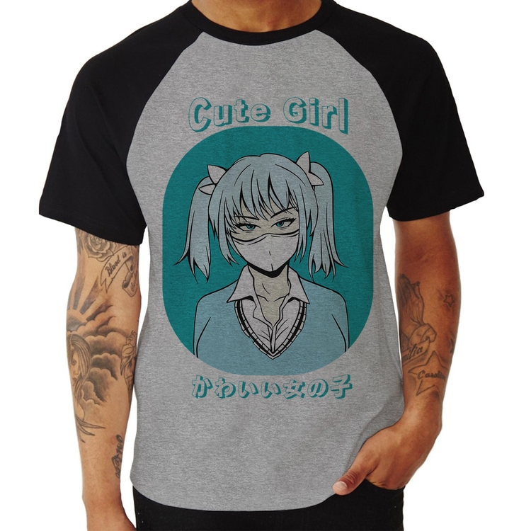Camiseta Raglan Cute Girl - Cinza/Preto