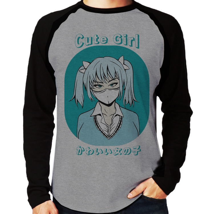 Camiseta Raglan Cute Girl Manga Longa - Cinza/Preto
