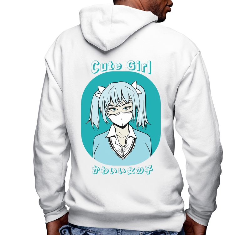 Blusa Moletom Cute Girl Masculina com Capuz e Zíper - Branca