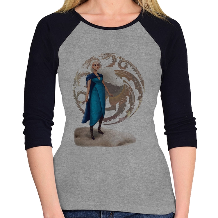 Baby Look Raglan Daenerys Targaryen Art Manga 3/4 - Cinza/Preto