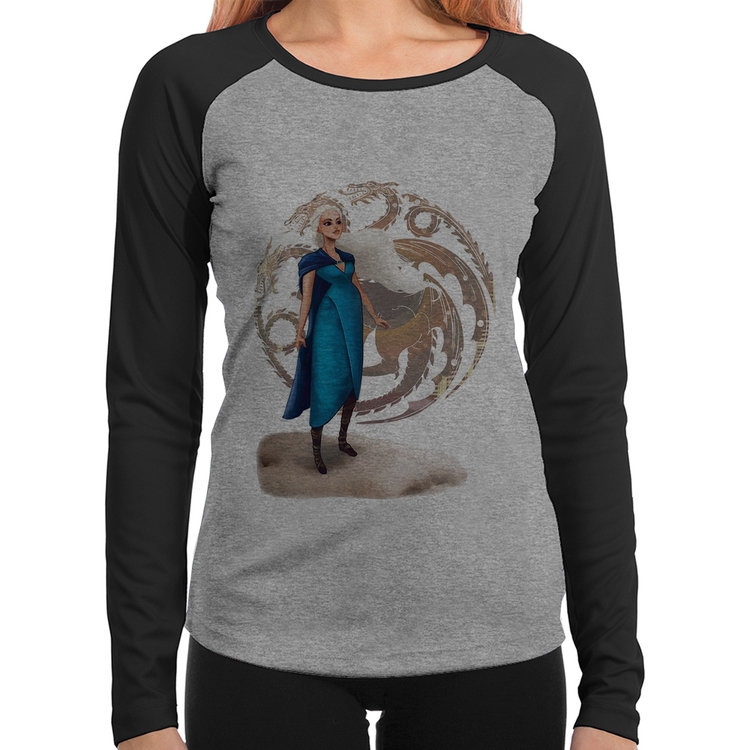 Baby Look Raglan Daenerys Targaryen Art Manga Longa - Cinza/Preto