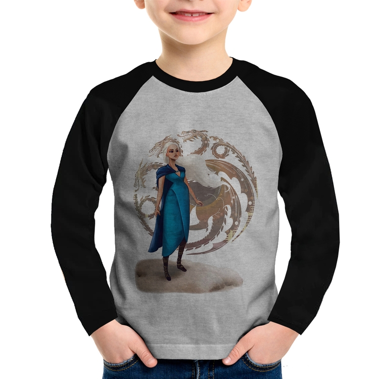 Camiseta Raglan Infantil Daenerys Targaryen Art Manga Longa - Cinza/Preto