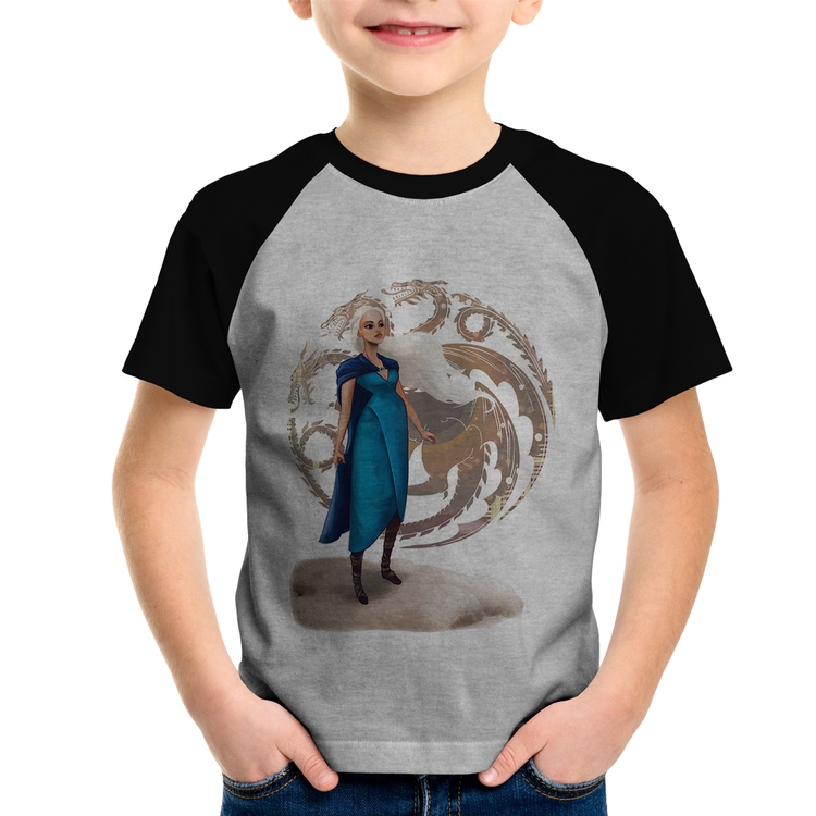 Camiseta Raglan Infantil Daenerys Targaryen Art - Cinza/Preto