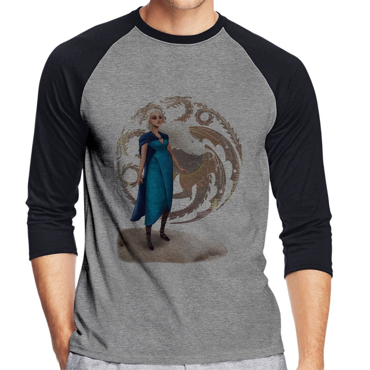 Camiseta Raglan Daenerys Targaryen Art Manga 3/4 - Cinza/Preto