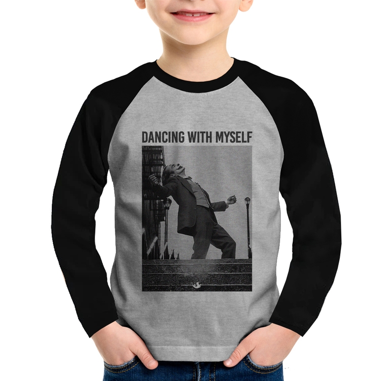 Camiseta Raglan Infantil Dancing with myself Manga Longa - Cinza/Preto