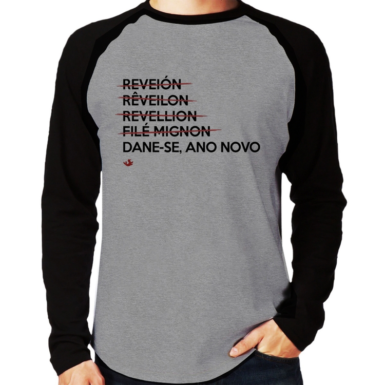 Camiseta Raglan Dane-se, ano novo Manga Longa - Cinza/Preto