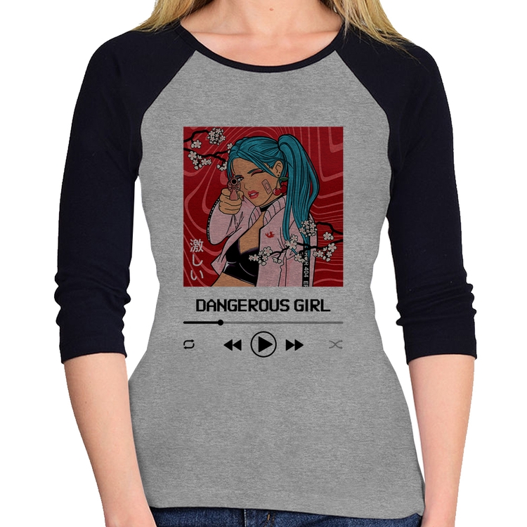 Baby Look Raglan Dangerous Girl Manga 3/4 - Cinza/Preto