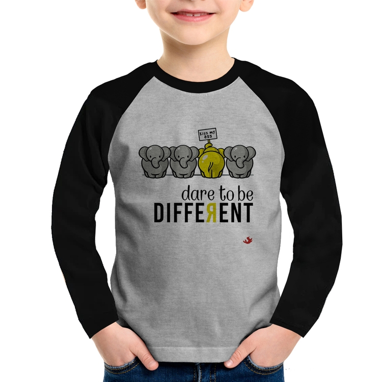 Camiseta Raglan Infantil Dare to be different Manga Longa - Cinza/Preto