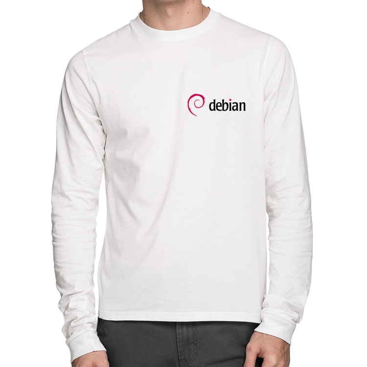 Camiseta Algodão Debian Linux Manga Longa - Branca