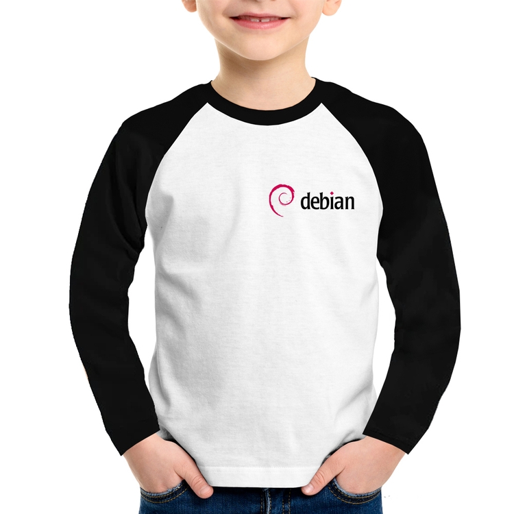 Camiseta Raglan Infantil Debian Linux Manga Longa